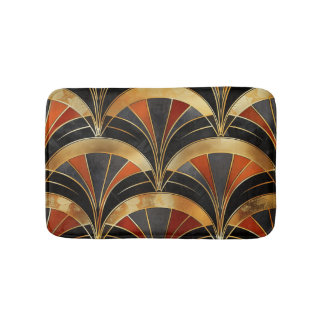 Tapis De Bain Motif éventail Art déco noir, or et rouge profond