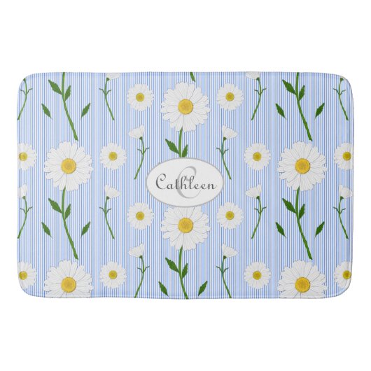 Tapis De Bain Motif fleurs d'été Monogram sur fond rayé bleu cla (Devant)