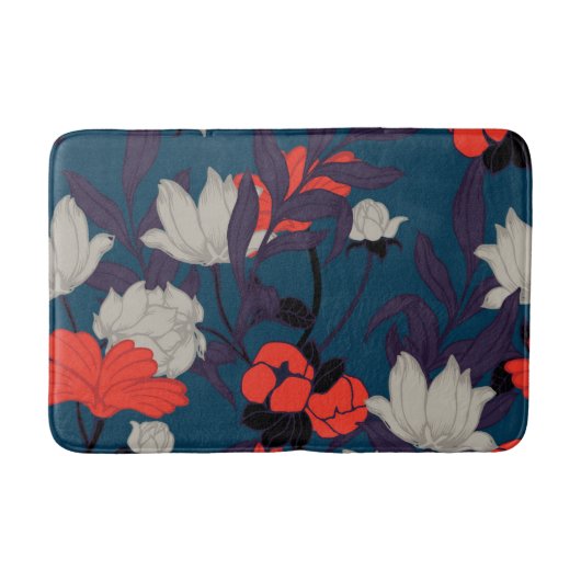 Tapis De Bain Motif floral bleu et rouge élégant (Devant)