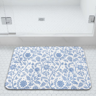 Tapis De Bain Motif floral botanique fantaisiste bleu et blanc