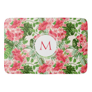 Tapis De Bain Motif floral Hibiscus rouge Monogramme Mat baigné
