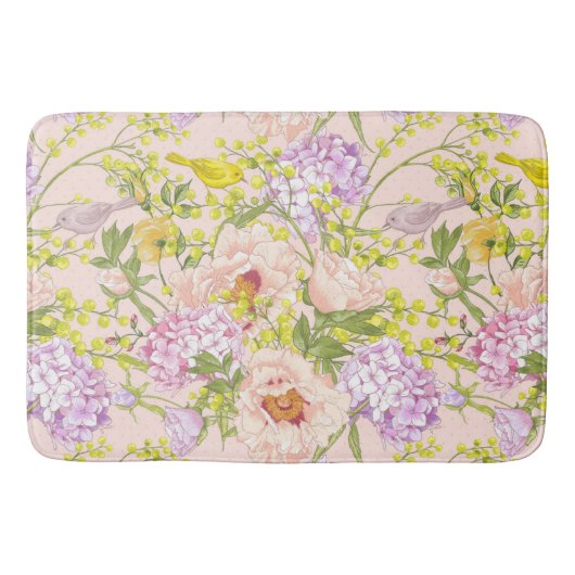 Tapis De Bain Motif Floral Peony Mimosa Hydrangea Oiseaux Rose (Devant)