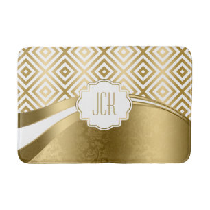 Tapis De Bain Motif géométrique moderne blanc et or