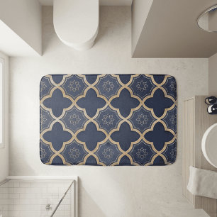 Tapis De Bain Motif géométrique quatrefeuilles marocain or et bl