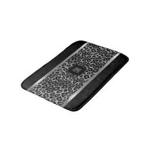 Tapis De Bain Motif gris argenté et léopard noir - Monogramme