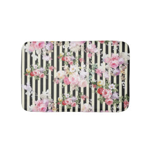 Tapis De Bain Motif jaune noir floral rose vintage de rayures