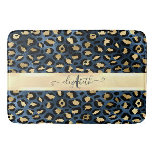 Tapis De Bain Motif léopard bleu or monogramme