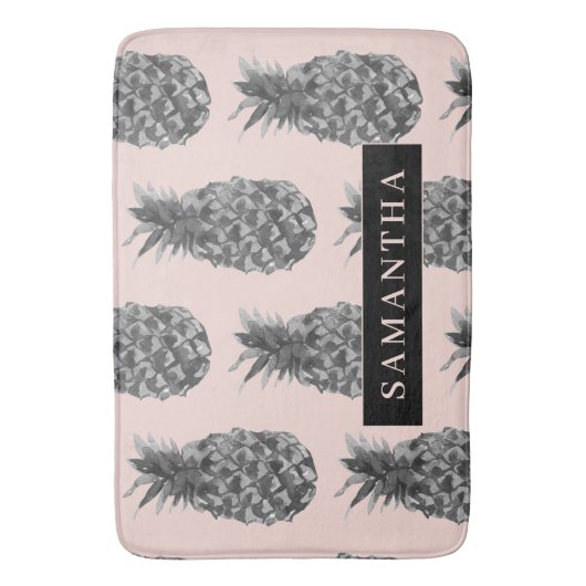 Tapis De Bain Motif Tropical Grey & Rose Ananas Avec Nom (devant Vertical)