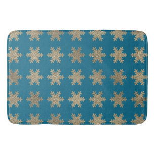 Tapis De Bain Motifs de flocon de neige dorés scintillants Bleu