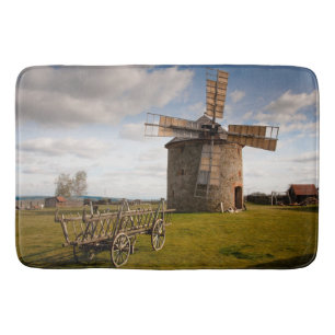 Tapis De Bain Moulin à vent en champ vert et nuages blancs et c