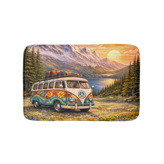 Tapis De Bain Mountain Sunset Wildflowers Retro Hippie Van Life (Devant)
