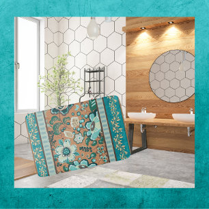 Tapis De Bain Multiples Motifs, Turquoise, Vert, Rouille, Or, Fl