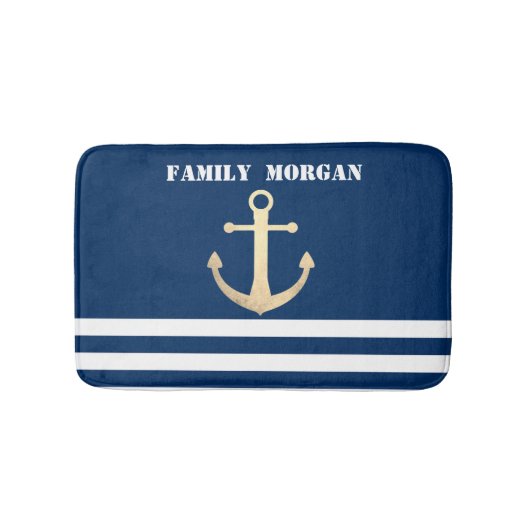 Tapis De Bain Nautical, Gold Anchor Navy Blue Striped (Devant)