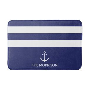Tapis De Bain Nautical Stripes Nom du bateau ancre blanche marin