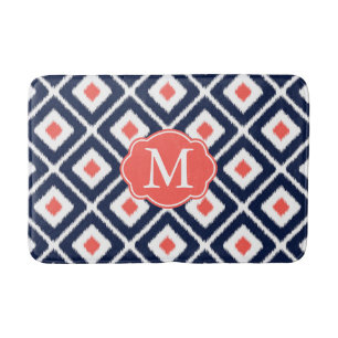 Tapis De Bain Navy Blue, Coral, White Ikat Diamond Motif