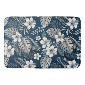 Tapis De Bain Navy Blue Hibiscus Monstera Tropical Botanical