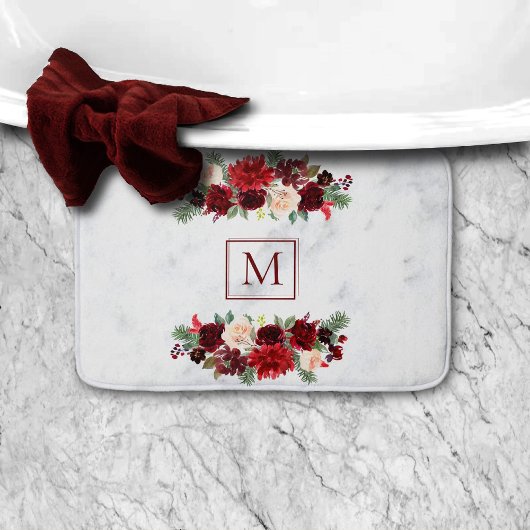Tapis De Bain Noël Boho Chic Floral Branche Marbre Monogramme