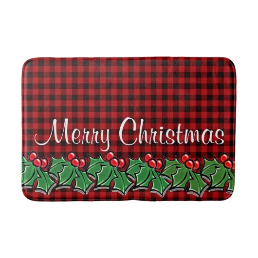 Tapis De Bain Noël classique Red Plaid Holly baies feuilles (Devant)