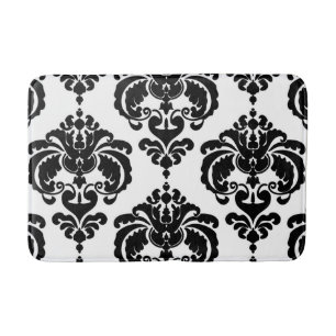 Tapis De Bain Noir & Blanc Damask Chic Moderne Motif élégant