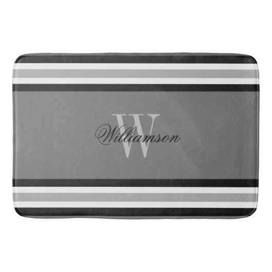 Tapis De Bain Noir blanc et gris rayé Monogramme (Devant)