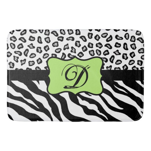 Tapis De Bain Noir Blanc Lime Vert Zèbre Léopard Monogramme de p (Devant)