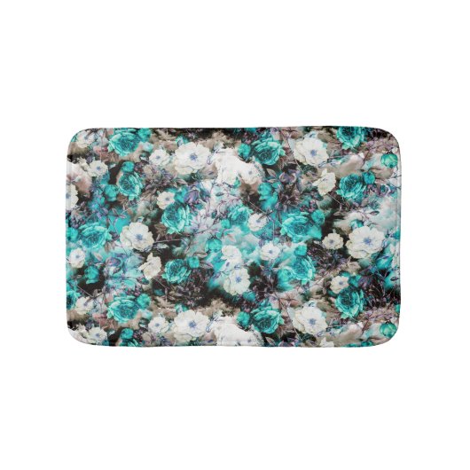 Tapis De Bain Noir blanc turquoise de turquoise florale (Devant)