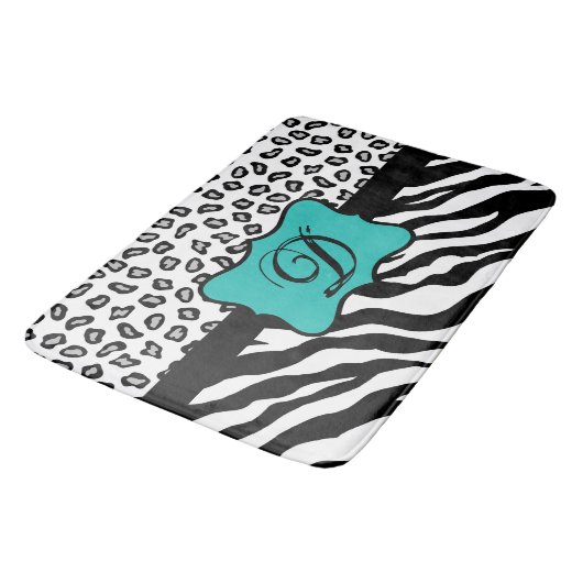 Tapis De Bain Noir Blanc Turquoise Zebra Leopard Peau Monogramme (Angle)