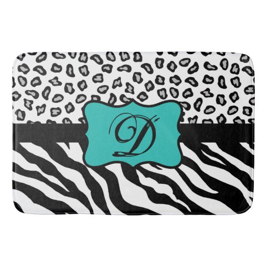 Tapis De Bain Noir Blanc Turquoise Zebra Leopard Peau Monogramme (Devant)