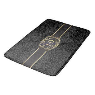Tapis De Bain Noir et modèle vintage de monogramme de damassé