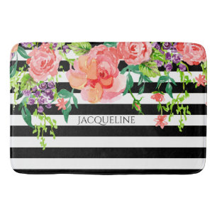 Tapis De Bain Noir floral moderne de rayure de salle de bains