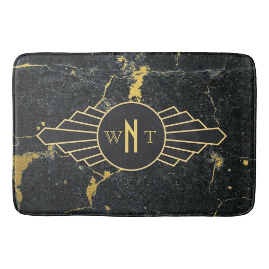 Tapis De Bain Noir Marbre trois lettres Monogramme Art Déco (Devant)