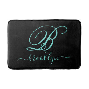 Tapis De Bain Noir moderne Turquoise manuscrit Monogramme