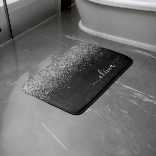 Tapis De Bain Noir Silver Grille Script Monogramme Nom de la fil