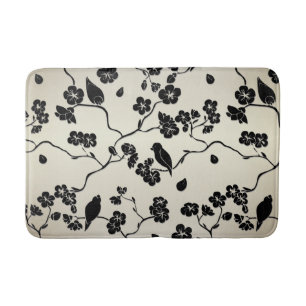 Tapis De Bain Noir sur les oiseaux Motifs de bronze et fleurs de