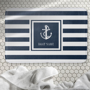 Tapis De Bain Nom de bateau à rayures bleu marine Ancre nautique