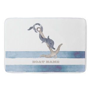 Tapis De Bain Nom de bateau nautique, rayures de dauphin d'ancre
