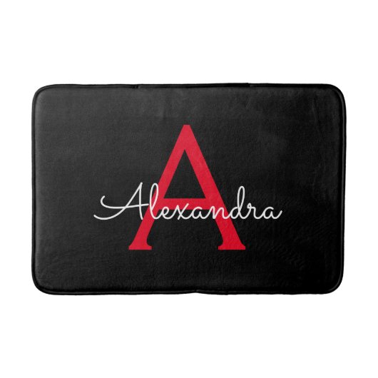Tapis De Bain Nom de monogramme girly de script noir rouge (Devant)