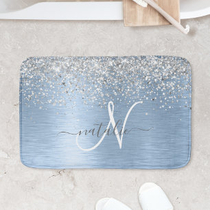 Tapis De Bain Nom de monogramme pailleté argenté métal brossé bl