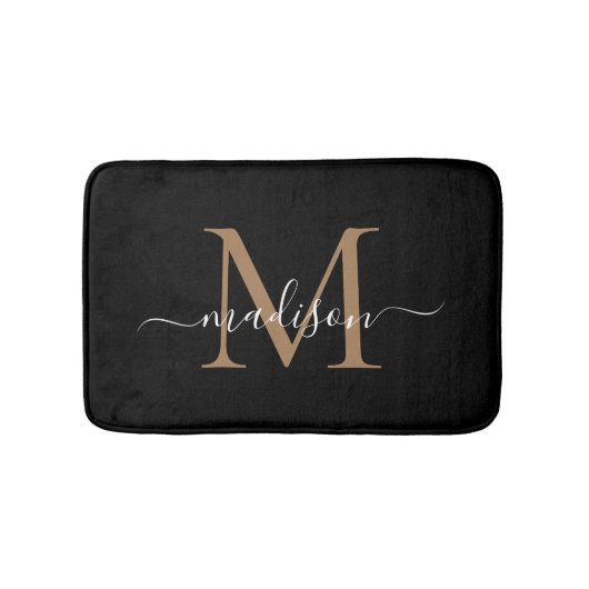 Tapis De Bain Nom de script de monogramme blanc or noir moderne (Devant)