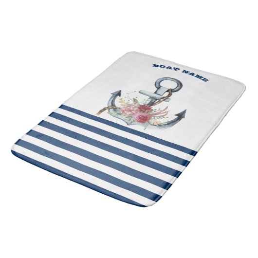 Tapis De Bain Nom du bateau, Fleurs d'Ancres Bleus de marine (Angle)