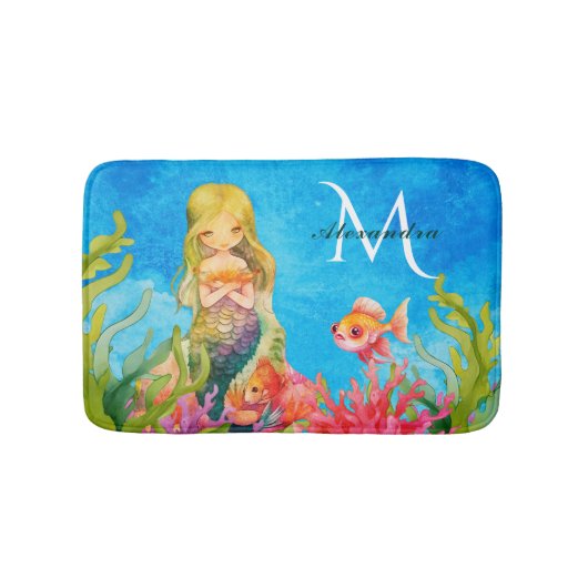 Tapis De Bain Nom du monogramme bleu turquoise Mermaid (Devant)