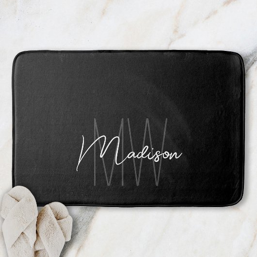 Tapis De Bain Nom du monogramme moderne Script noir blanc