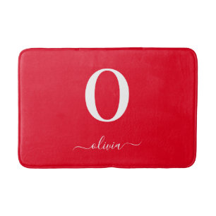 Tapis De Bain Nom du script Monogramme Personnalisé Rouge Et Bla