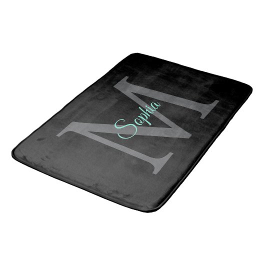 Tapis De Bain Nom du script turquoise, Monogramme gris grand sur (Angle)
