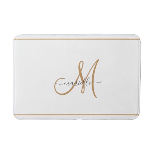 Tapis De Bain Nom élégant en écriture dorée monogrammée blanc (Devant)