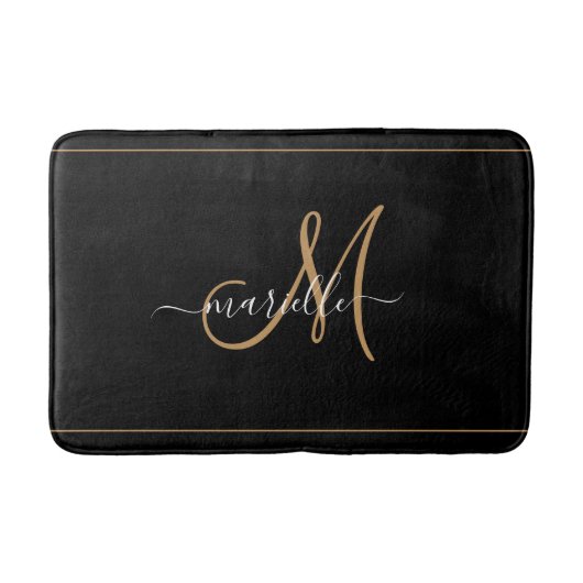 Tapis De Bain Nom élégant en monogramme noir or script (Devant)