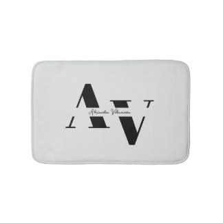 Tapis De Bain Nom Monogramme Féminin Minimaliste Noir Blanc Tend