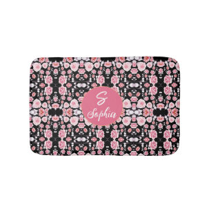 Tapis De Bain Nom monogrammé floral aquarelle rose élégant