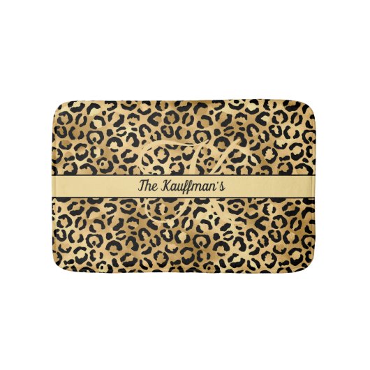 Tapis De Bain Nom Monogramme Imprimé Léopard Noir Or Cheetah (Devant)