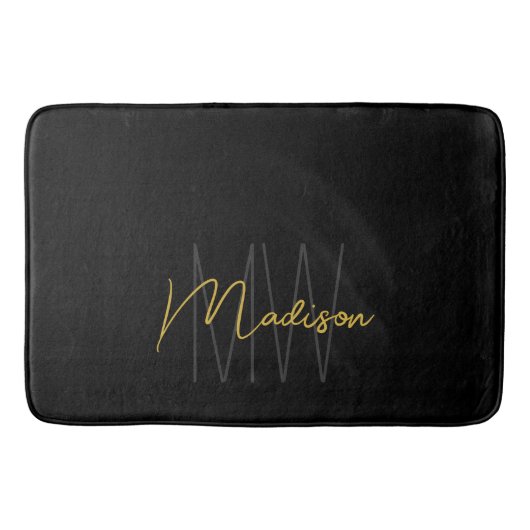 Tapis De Bain Nom Monogramme moderne Script Black Gold (Devant)